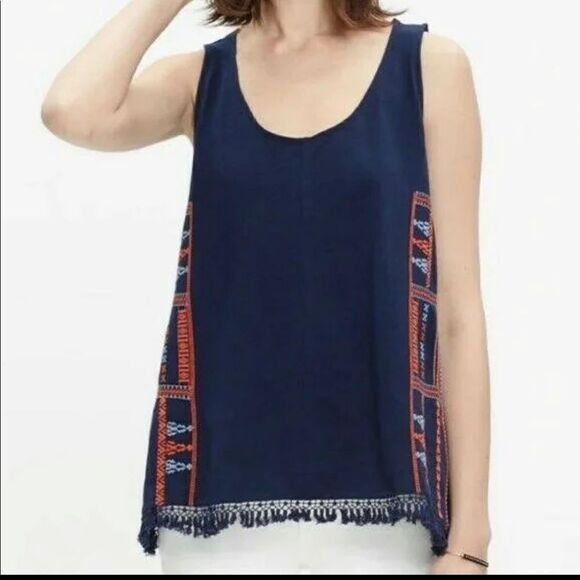 Madewell Cream And Navy Boho Embroidered Relaxed Tank With Fringe M - Picture 7 of 7